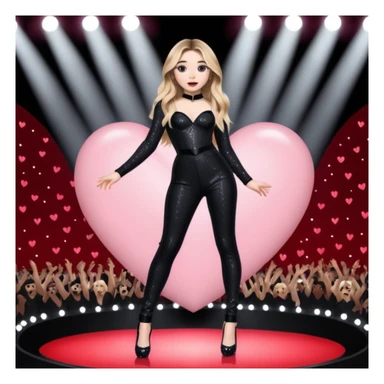 Sabrina carpenter singing at concert wearing a black sparkle jumpsuit and black hyper sparkle heels. There is a huge crowd and light pink stage setting. She is standing in the center stage part that is in the shape of a red heart and it extends from the main stage  sticker