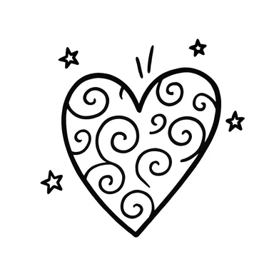 Remove the cat from the image, keep only the heart with stars and swirls in a hand-drawn doodle style. The style should resemble notion style hand drawn doodles with playful stars and swirling decorative accents. sticker