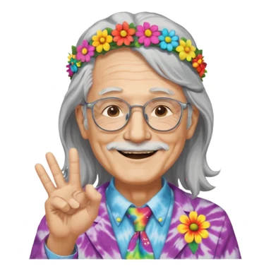 elderly man with long grey hair, glasses, peace sign necklace, tie-dye clothing, flower crown sticker