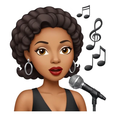 Black female jazz singer with a microphone, expressive face, musical notes sticker