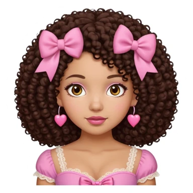 medium-light kinned afro-latina girl with medium length chocolate brown side part curly hair, brown eyes, pink sweetheart necklined top with lace, round wide-ish nose, chubby long shaped face, pink bow sticker
