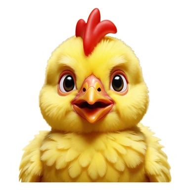 Cinematic Comical Yellow Baby Chicken Portrait Emoji, Head tilted dramatically with an exaggeratedly amused expression, featuring a striking, fluffy yellow downy coat with a tiny quirky red comb, wide, expressive beady eyes filled with playful disbelief, Simplified yet hilariously expressive features, highly detailed, glowing with a slightly sassy glow, high shine, dramatic yet playful, stylized with an air of cheeky mischief, bright and endearing, soft glowing outline, capturing the essence of a spirited and over-the-top chick, so meme-worthy it feels like it could peep its way into internet fame instantly! sticker