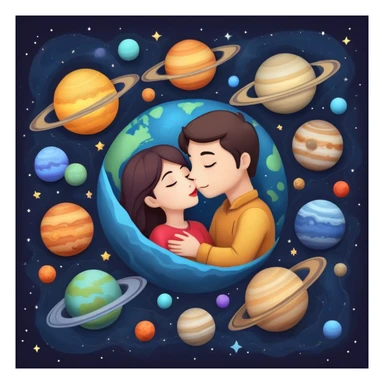 Solar system with heart-shaped planets and couples kissing, cute characters embracing on different planets, colorful cosmic scene sticker