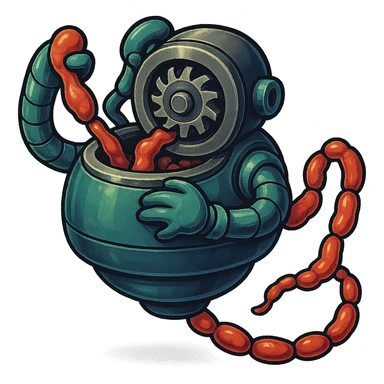  hovering sausage-processing droid in a retro-futuristic style. Its top half is a circular industrial meat grinder with rotating gears and blades. Two robotic arms feed material into the grinder. Sausage links extrude from the rear like a factory line. The body is metallic, compact, and floats above the ground with no legs. Dark humor tone. sticker