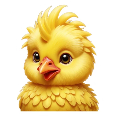 Cinematic Cute Yellow Baby Chicken Portrait Emoji, Head tilted playfully and inquisitively, featuring a fluffy, vibrant yellow downy coat with a tiny red comb, round, sparkling beady eyes filled with curiosity, Simplified yet irresistibly adorable features, highly detailed, glowing with a warm, friendly glow, high shine, affectionate and lively, stylized with a touch of playful whimsy, bright and endearing, soft glowing outline, capturing the essence of a mischievous yet loving chick, so playful it feels like it could peep out of the screen and into your arms! sticker
