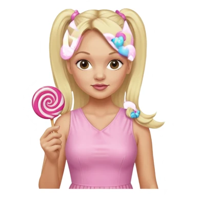 Emma Bunton with long blonde ponytails wearing light pink body dress holding a lollipop sticker