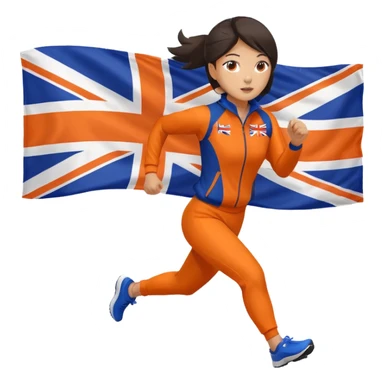asian woman in orange sport suit and uk flag on the back holding it, running sticker