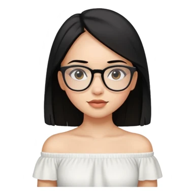 A light skinned girl with straight black hair on shoulder length wearing a white off shoulder and glasses sticker