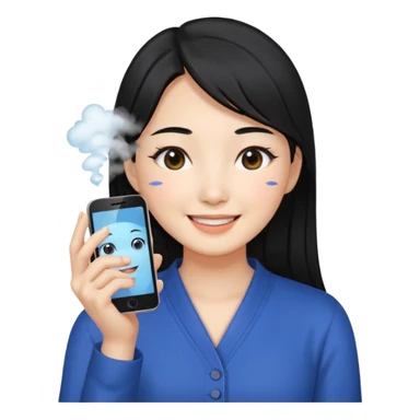 a korean cosmetics marketing expert women with black hair, holding face-mist and phone with smile on sticker