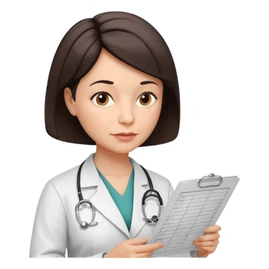 A female doctor in her 50s with visible facial wrinkles, dark brown short bob hair, her body turned slightly at an angle, with her gaze clearly directed downward and fixed on the medical chart she is reviewing. sticker