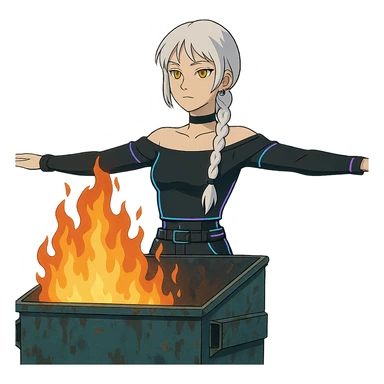  young woman with gold yellow eyes, white hair, long braid, black off-shoulder top, punk gothic style, futuristic cyberwave cyberpunk,, she is calmly t-posing , there is a dumpster fire in front of her sticker