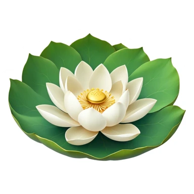Pure white lotus flower with delicate pristine petals and golden center, accompanied by botanically accurate lotus leaf with distinctive notch and upturned edges sticker