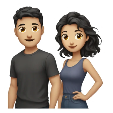 A half pale Asian man with short dark hair and amber eyes embracing and loving a half Asian woman with long wavy dark hair and dark hazel eyes. They love each other a lot And have good fashion taste. And are having a lot of fun sticker