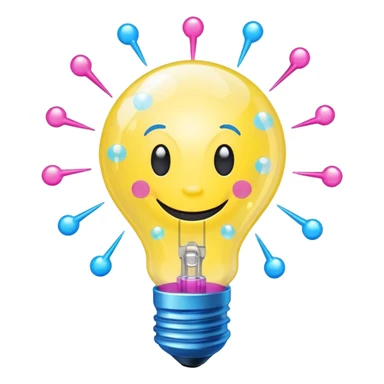 smiling lightbulb with spinning atom inside, chemical bubbles, small lightning bolt on top, vibrant colors yellow, neon blue, bright pink, feeling of fun and creative science sticker