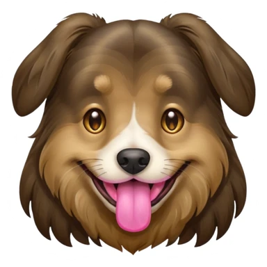 dog face with a long-haired brown and black brindle coat and light brownish gold eyes smiling with tongue hanging slightly out. sticker