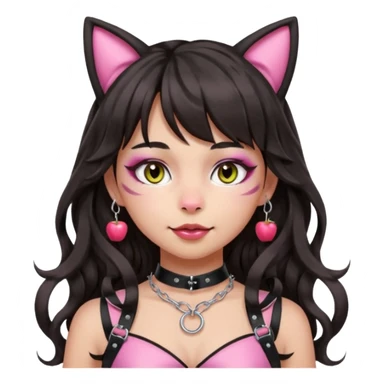 Remove any headband. Remove makeup from the cheeks and add subtle whiskers instead. Keep bangs, natural makeup, silver O-ring, light-medium Hispanic skin, long dark wavy hair, cat ears, and pink BDSM-inspired harness. Apple emoji style. sticker