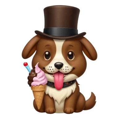 Dog licking ice cream with a top hat sticker