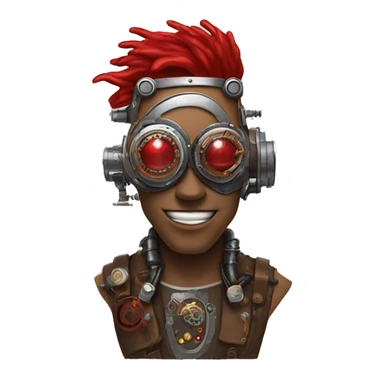 Brown cyborg head with red Mohawk, red beard, silver steampunk monocle goggles a smile and circuits sticker