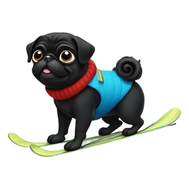 Black pug with a curly tail skiing on a snowy mountain sticker