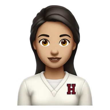 Girl with dark brown hair and white skin wearing a white sweater with the black crimson and white Harvard University logo on it  sticker