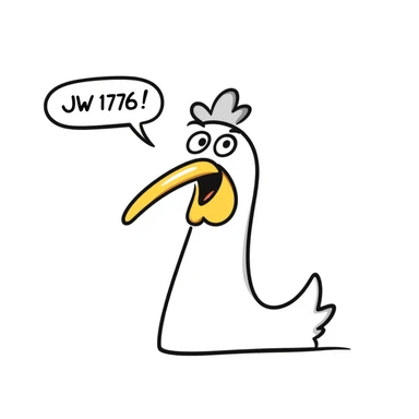 shouting yellow long neck chicken with a funny expression, 'JW 1776' in a speech bubble sticker