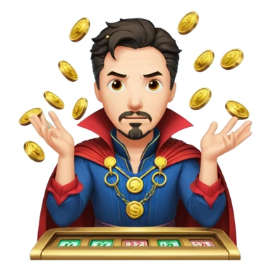 disheveled Doctor Strange losing money at a slot machine, panicked face, coins flying sticker