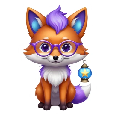 Laughing with tears of joy 😂 — a small magical fox with shimmering purple and blue fur, a glowing fluffy tail, a silver star on its forehead, round glasses, and a tiny lantern. sticker