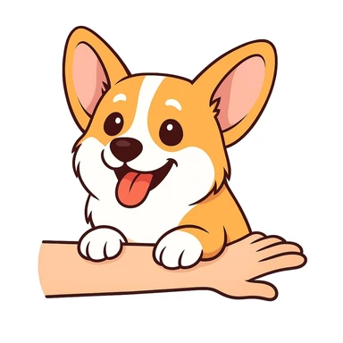 изобразить моего корги, сохранив внешность и телосложение в позе и эмоции как на первом референсе sticker