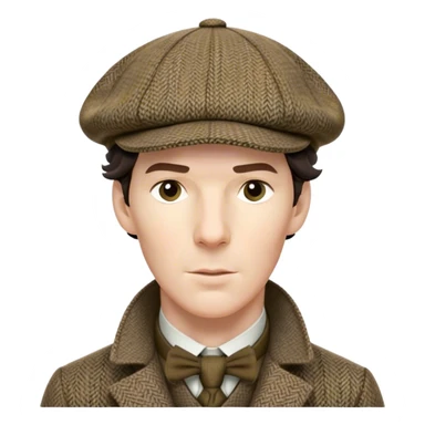 sherlock holmes benedict cumberbatch, wearing a deerstalker hat with the fabric is often tweed, which features a subtle checkered or herringbone pattern with darker and lighter threads woven together, creating texture and depth.  sticker