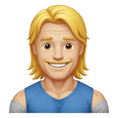 muscled happy guy, long yellow hair, blue t-shirt sticker
