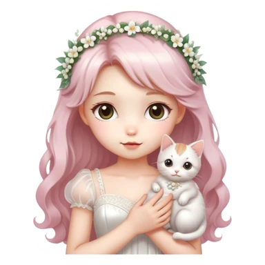 Very dreamy-beautiful-fashionable and elegant-a girl in a wedding dress holding a kitten-shiny-lady-soft style-kawaii-beautiful-hair-fairy style- sticker