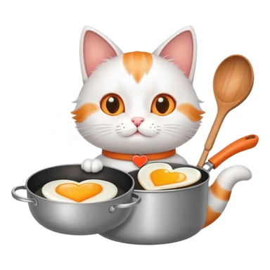 a cat holding a cooking pan with double heart-shaped egg sticker