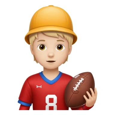 A child stands in a football costume, holding an actor's hat sticker