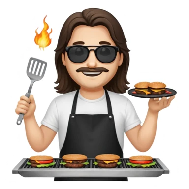long hair man grilling wearing shade smiling in a white tshirt and a black apron grilling burger and meat on a sizzling grill sticker