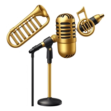 Create a sophisticated and smooth emoji representing jazz vocal performance. The design should feature a stylized microphone, with musical notes swirling around it to convey the fluid, improvisational nature of jazz. Add subtle elements like a vintage microphone stand or a hint of a singer’s silhouette in the background to reflect the live, intimate feel of jazz performance. Use deep, rich colors like gold, black, and burgundy to evoke the classic, smooth vibes of jazz. The background should be transparent. sticker