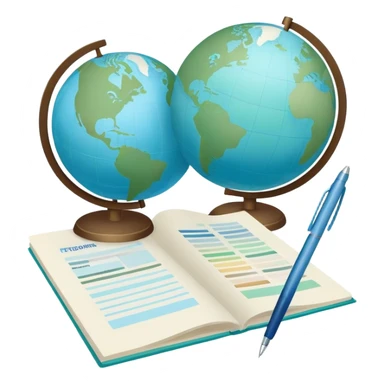 Create an emoji representing language translation. The design should feature just one globe in the background, symbolizing international communication. In front of the globe, place two books or sheets of paper with texs on them and a pen nearby to indicate the act of writing. Use a clean and professional color palette with blues, greens, and neutral tones. Make the background transparent. sticker