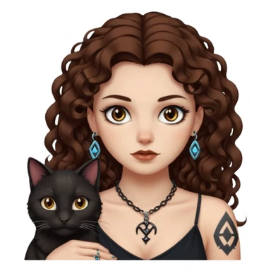 woman with long curly brown hair, brown eyes, white skin, tattoos, black cat wearing tiny rune necklace judging everyone sticker