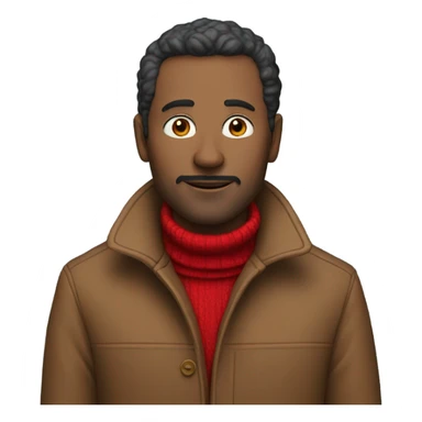 A man in his 40s wearing a red turtleneck and a coat sticker