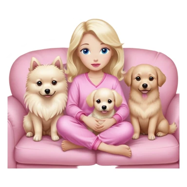 A blonde girl with blue eyes and pink lips with slightly plump cheeks in pink pajamas with feathers sits on a sofa with soft pillows and two Spitz dogs and one Labrador, beige dogs.  The girl's eyes are long and curled. Long natural eyelashes. Brown eyebrows. sticker