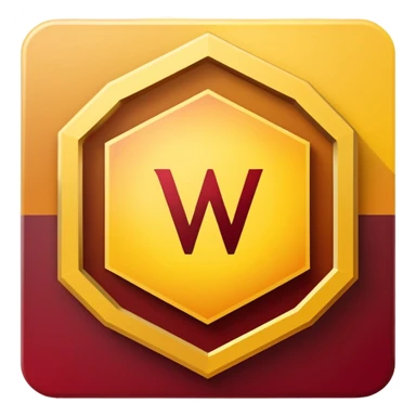 hexagon emblem with a thick yellow-to-gold outline and a dark red gradient inside. In the center, place a bold capital letter V in the same yellow-to-gold gradient as the outline. Keep the shapes clean and geometric, with smooth color transitions and no background color. sticker
