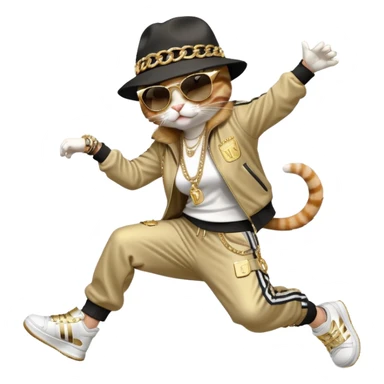female cat in Run DMC hip-hop outfit with tracksuit, fedora, Adidas sneakers, dark sunglasses, many gold chains and bling accessories, doing a headspin break dance move sticker