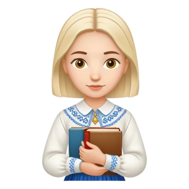 Young Ukrainian librarian wearing a traditional white embroidered vyshyvanka shirt holding books sticker