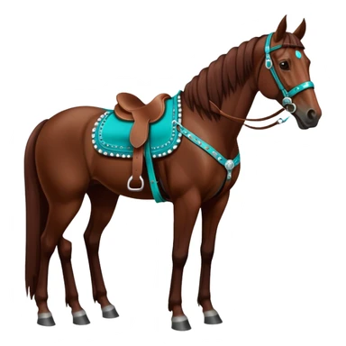 Dark chestnut horse with turquoise western tack full body standing still sticker