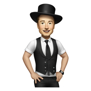 Elon musk doing the conga dance with a top hat on and a crop top with booty shorts sticker