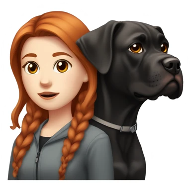 red-haired girl with brown eyes, pale skin sits with a black cane corso sticker