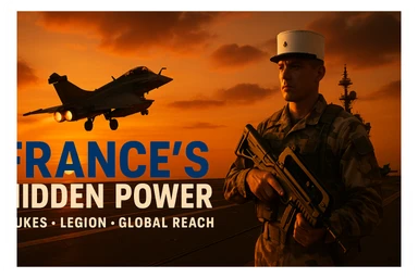 Dramatic dusk shot in 16:9 ratio: Rafale jet launching from Charles de Gaulle carrier with an orange sunset glow. Foreground: Foreign Legionnaire in desert camo holding a futuristic rifle. Bold tricolor text: ‘FRANCE’S HIDDEN POWER’. Subtext: ‘Nukes • Legion • Global Reach’. Epic composition, 8K resolution, cinematic and epic style. sticker