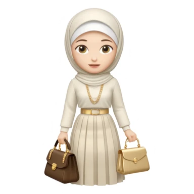 female memoji character, iPhone style, wearing white hijab, white lace top, pleated long skirt, cream handbag with gold chain, soft 3D shading, cute expression, no background, transparent PNG sticker