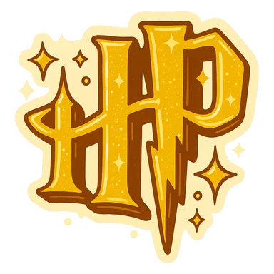 Create a logo in yellow color based on the reference image. Add magic or stars to create a magical Harry Potter atmosphere. Use no gradient, only clear color transitions with sharply and graphically drawn shadows and highlights. No outline. Style: retro sticker. sticker