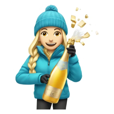 Girl popping champagne with a ski sticker