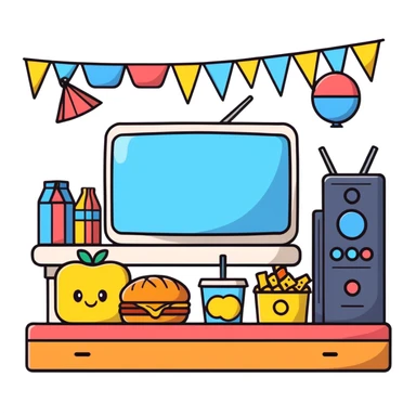 TV party with multiple characters, snacks, and decorations sticker